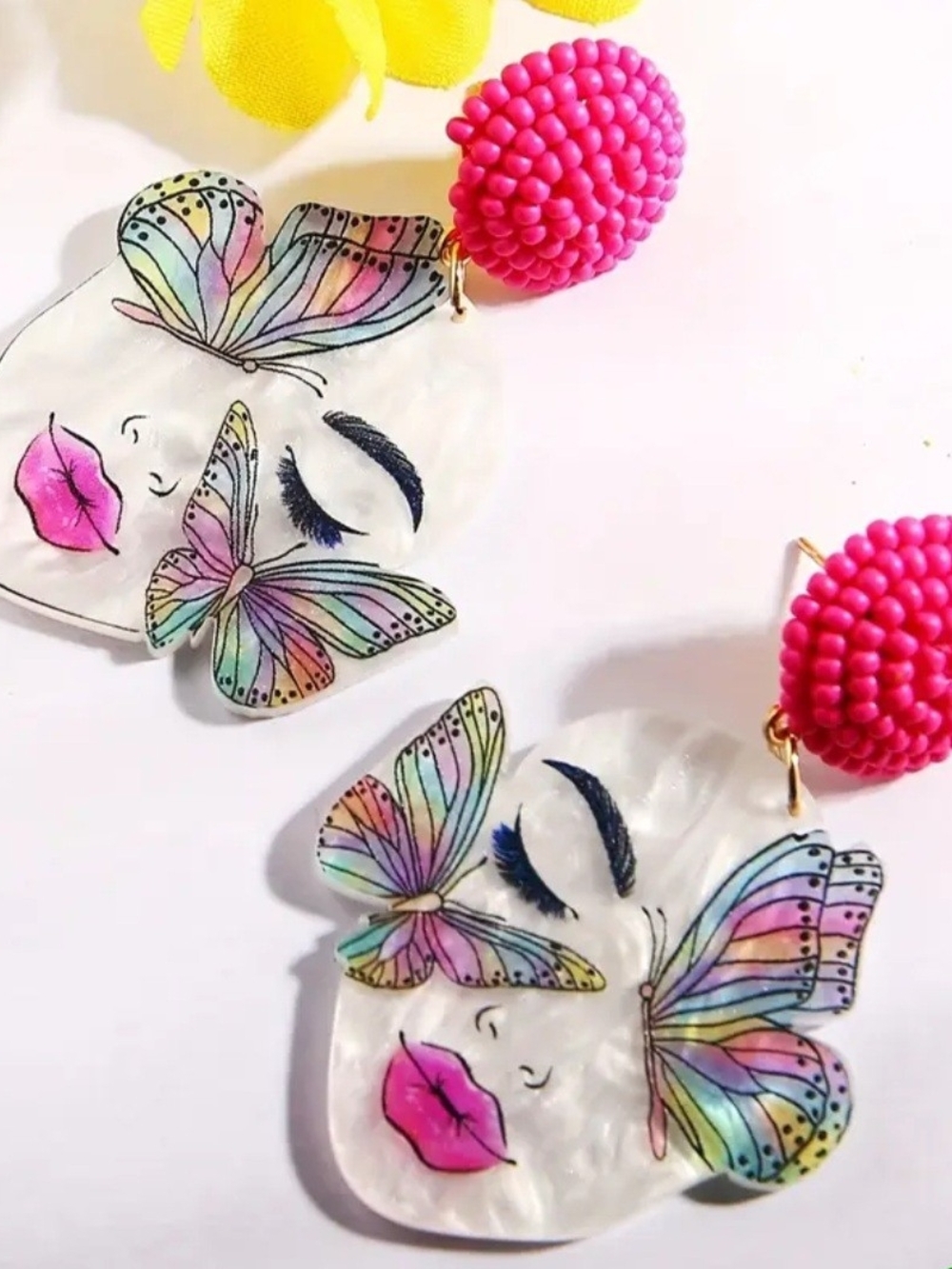 Funky Pink Acrylic Butterfly Beaity Face Hand Made Seed Bead Drop Earrings - 3D